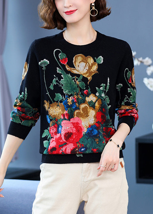 Black O Neck Print Wool Knit Sweater Long Sleeve