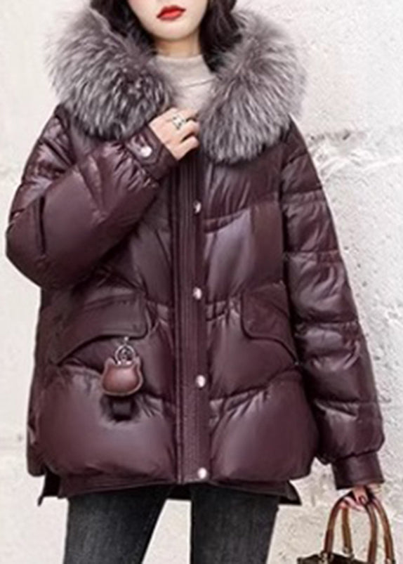 Coffee Fox Collar Zippered Duck Down Jackets Long Sleeve