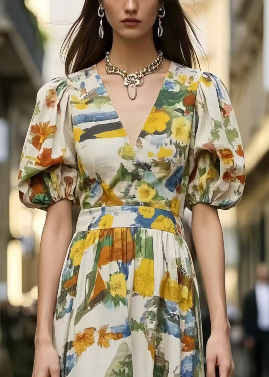 Puff Sleeve Print Cotton Mini Dress Summer