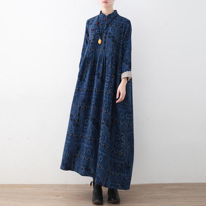 Blue Loose Button Linen Print Dress