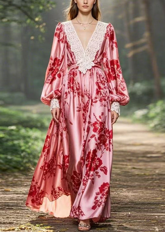 Pink V Neck Print Original Design Chiffon Long Dresses Spring