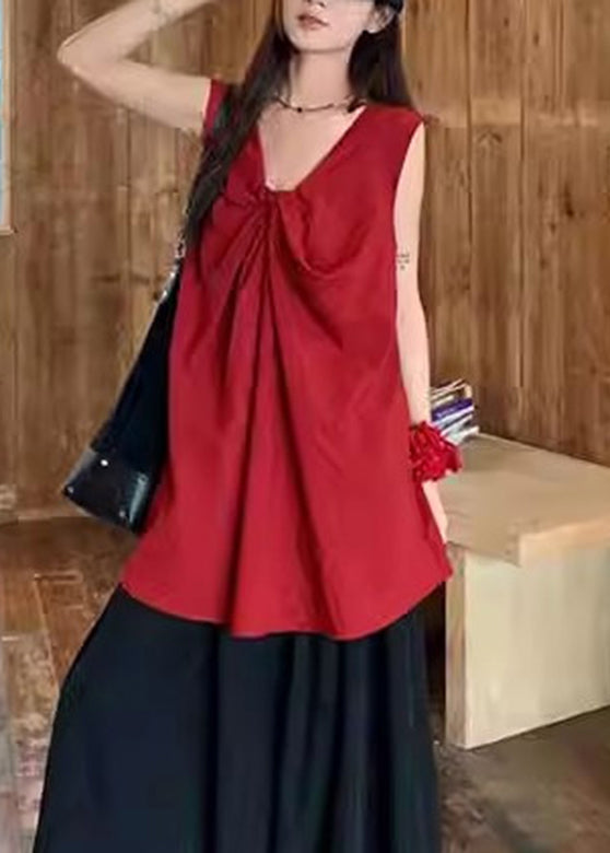 Red V Neck Wrinkled Top Sleeveless