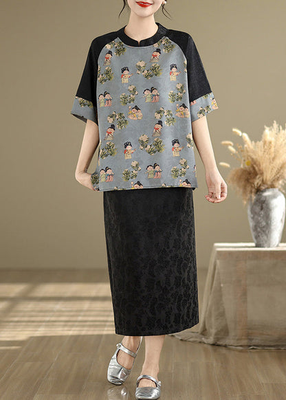Art Sky Blue Print Patchwork Silk Oriental Tops Summer