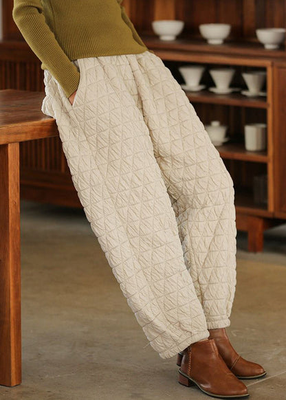 Beige Pockets High Waist Cotton Filled Pants Spring