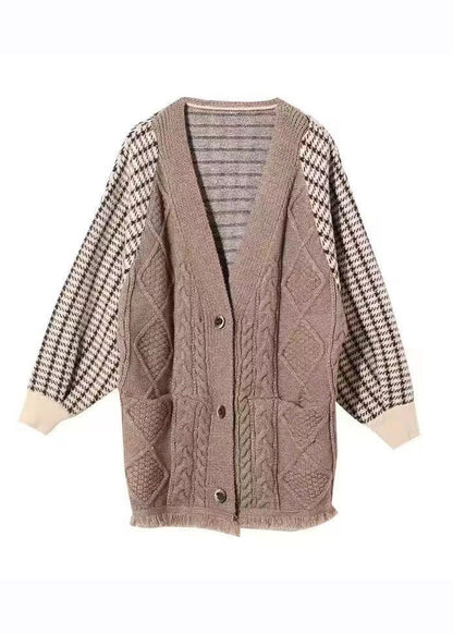 Khaki V Neck Plaid Patchwork Tassel Knit Coats Fall