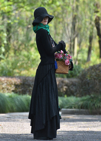 Blackish Green Asymmetrical Jacquard Cotton Skirt Spring