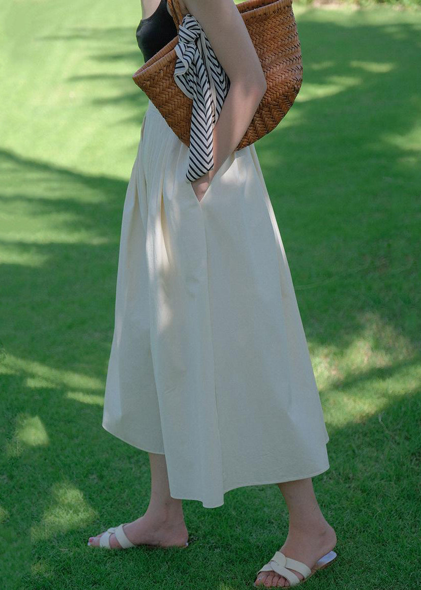 New Beige Wrinkled Pockets Cotton Skirt Summer