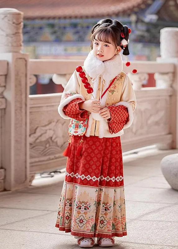 Handmade Beige Stand Collar Patchwork Warm Kids Coats and Maxi Skirts Two Pieces Set Winter