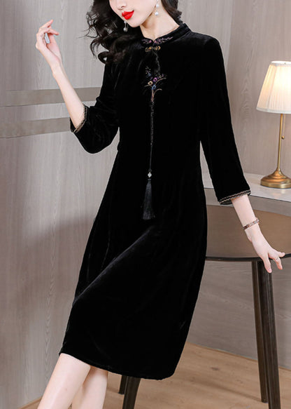 Classy Black Stand Collar Embroidered Silk Velour Maxi Dress Fall