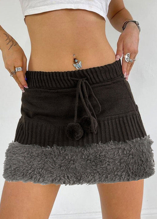 Brown Fluffy Elastic Waist Patchwork Knit Skirts Fall