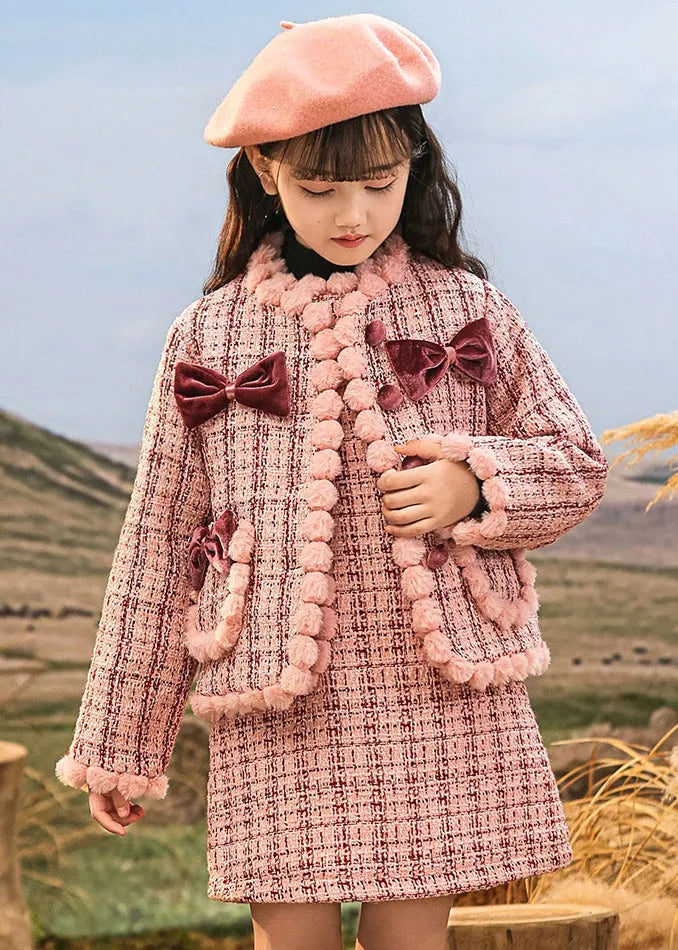 Pink O-neck Patchwork Button Kids Coats and Skirts Two Pieces Set Spring