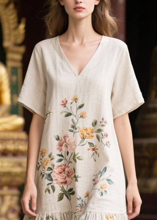 White V Neck Print Linen Dresses Summer