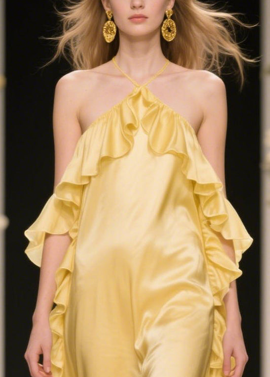 Yellow Ruffles Cold Shoulder Silk Halter Dress Summer