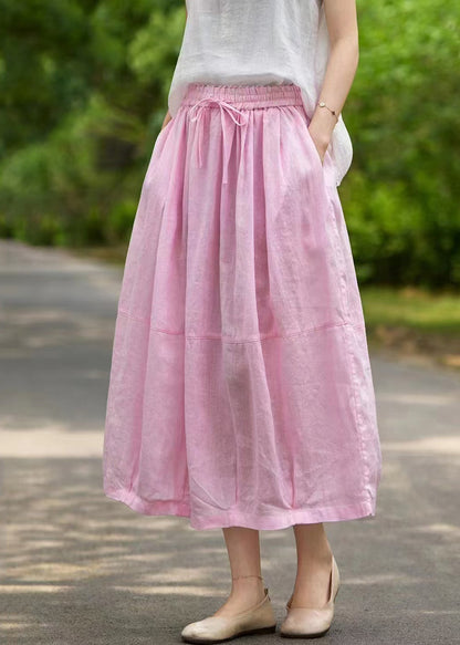 Pink Pockets Elastic Waist Linen Skirt Summer