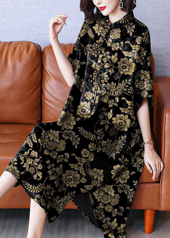 Stand Collar Print Button Side Open Low High Design Silk Maxi Dresses Half Sleeve