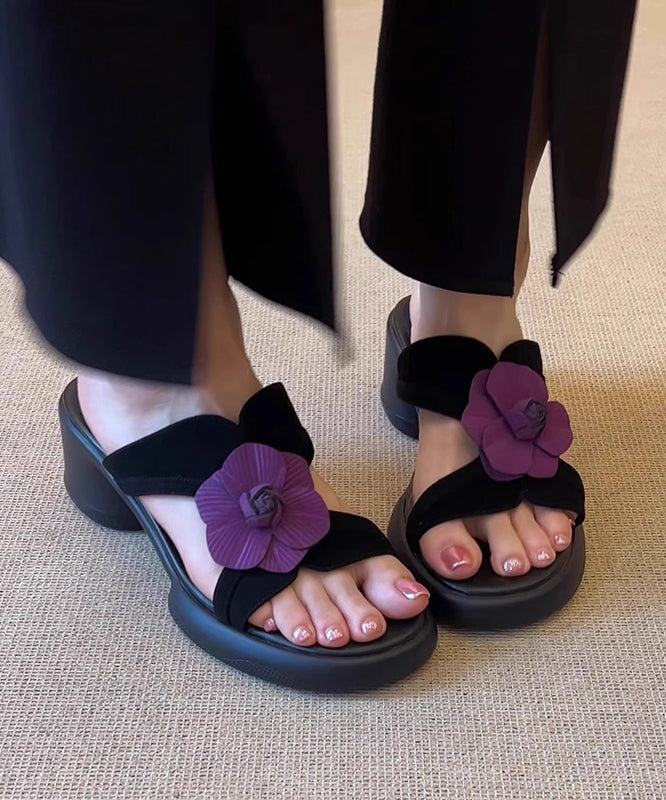 Black Splicing Chunky Slide Sandals Peep Toe