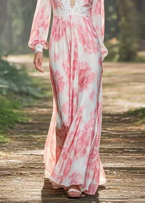 Pink V Neck Print Chiffon Long Dresses Spring