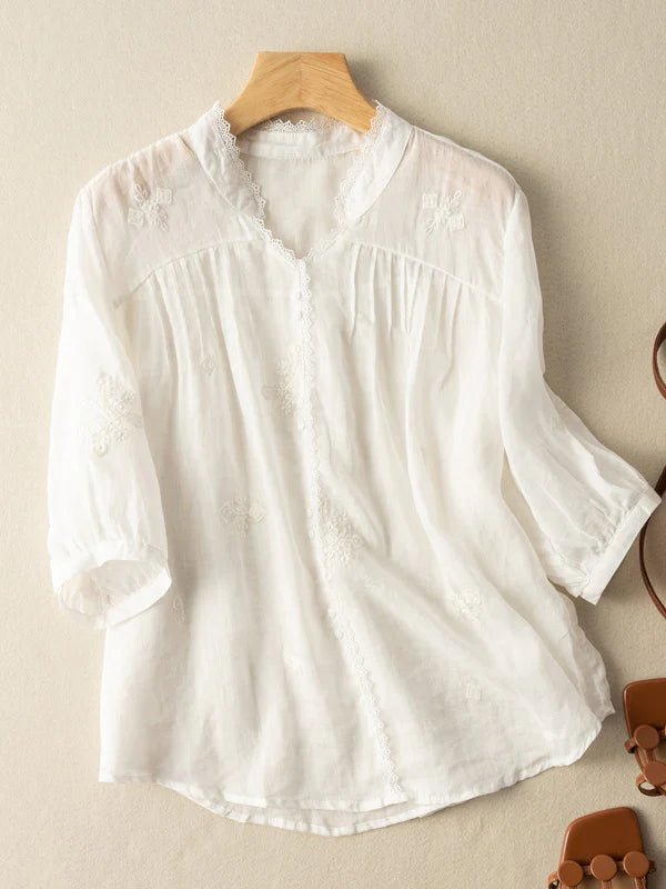 Embroidered V Neck 3/4 Sleeve Linen Shirt Top