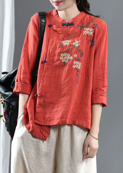 Loose Orange Embroidered Linen Top Half Sleeve