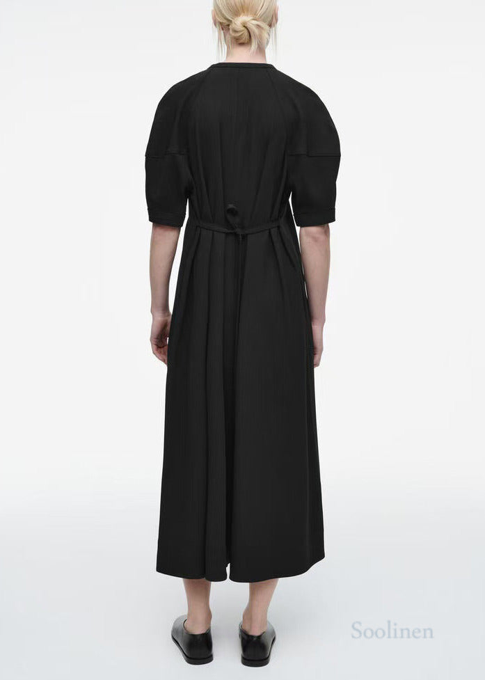 Black Puff Sleeve Tie Waist Cotton Party Dress