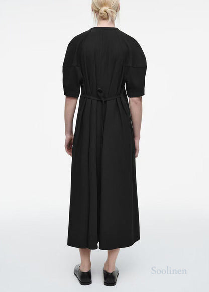Black Puff Sleeve Tie Waist Cotton Party Dress