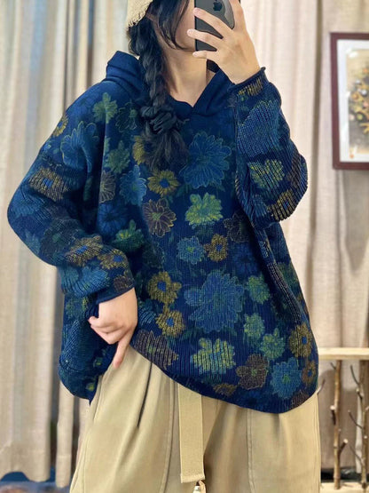 Autumn Cotton Print Hooded Loose Sweater