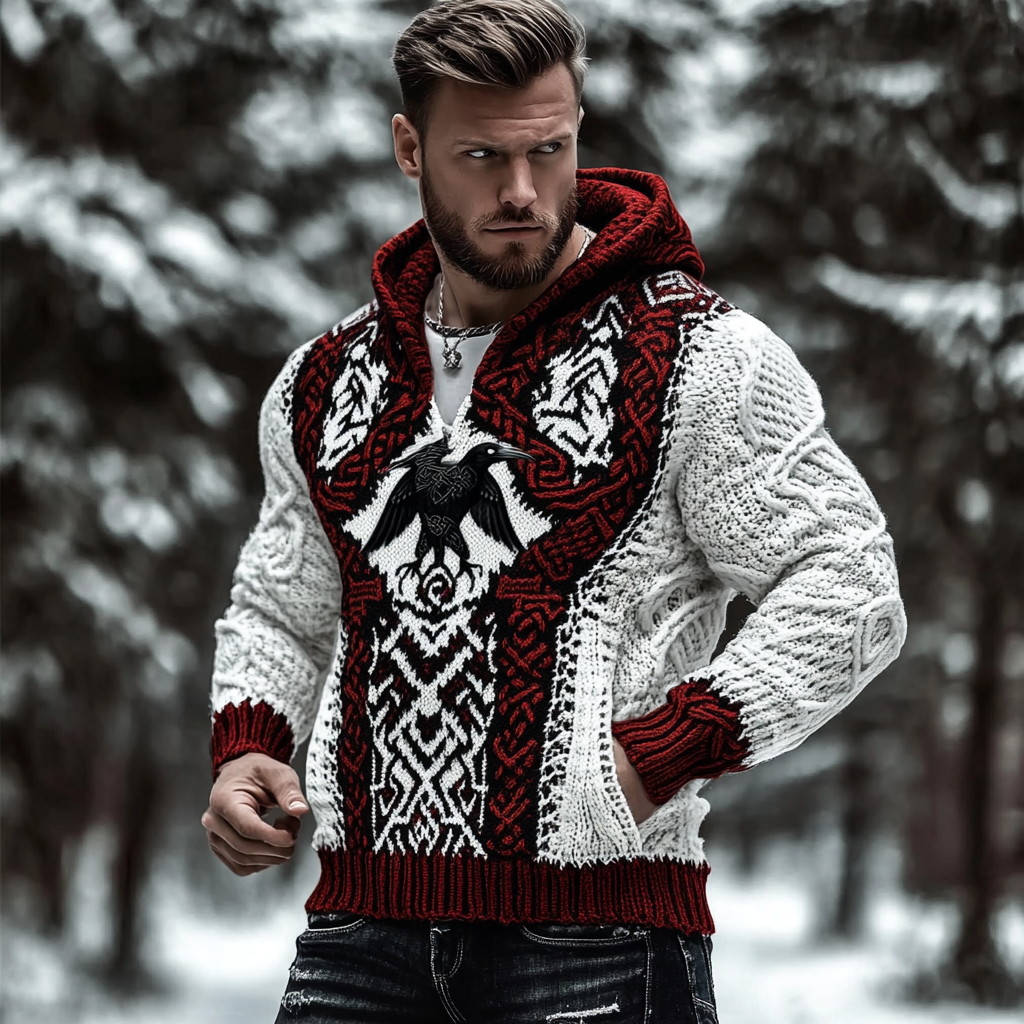 Vintage Viking Raven Rune Knit Jacquard Hooded Sweater artswardrobe