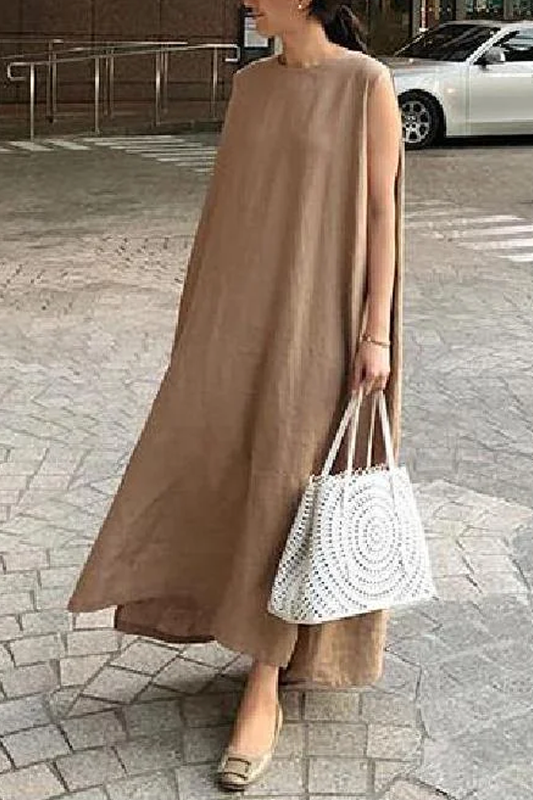 O Neck Side Open Linen Cotton Clothes Fabrics Khaki Dress