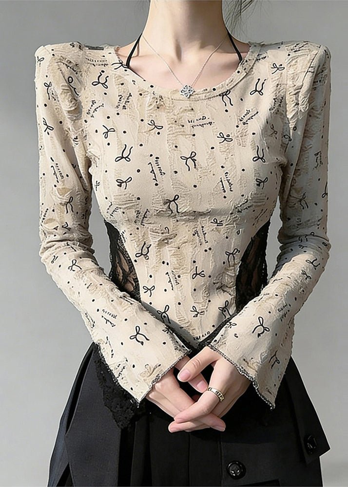 Beige Print Lace Patchwork Cotton Blouses Flare Sleeve