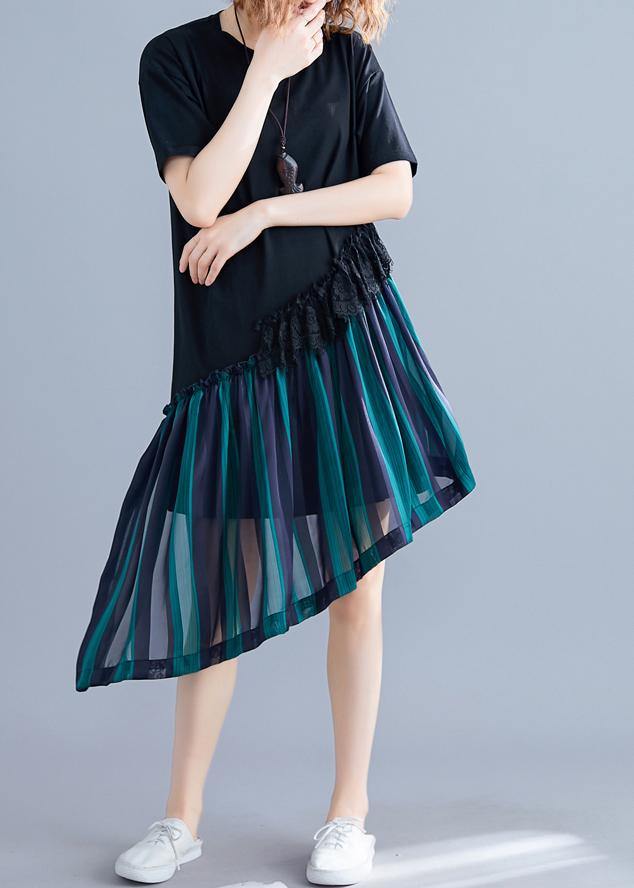 O Neck Patchwork Quilting Clothes Blue Striped Dresses Summer