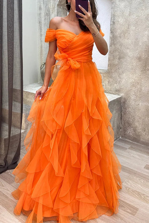 First Impression Tulle Off Shoulder Tiered Ruffle Evening Maxi Dress Yellow
