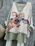 Comstylish Peeking Cow Cottage Floral Patchwork Linen Tunic