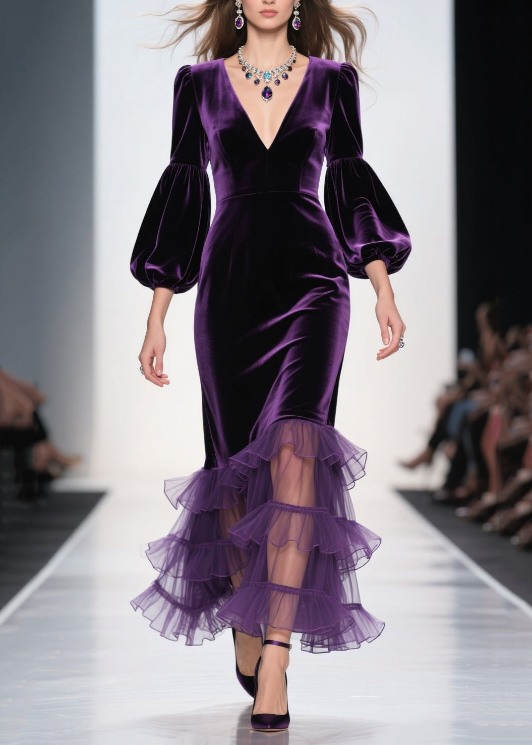 Purple V Neck Ruffled Patchwork Velvet Maxi Dresses Fall