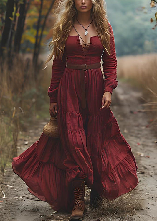 Red Wrinkledpatchwork Cotton Maxi Dresses Long Sleeve