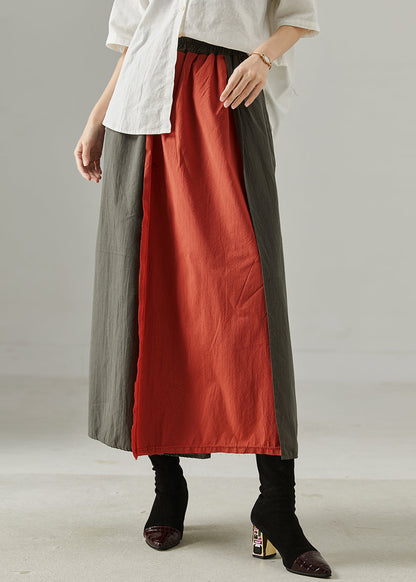 Red Elastic Waist Patchwork Cotton Skirts Fall