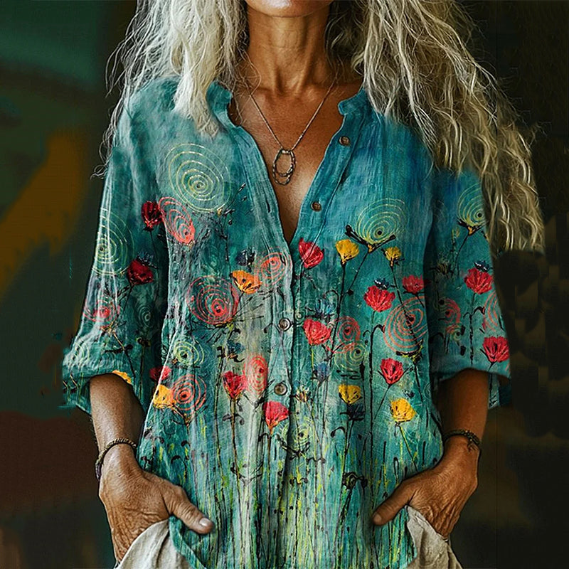 Women's Floral Art Long Sleeve  Casual Linen Henley Collar Shirt elevenforest