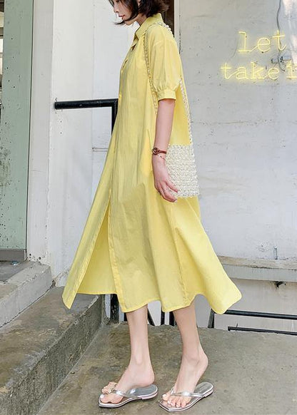 100% Yellow Lapel Collar Cotton Quilting Dresses Lapel Collar Loose Dress