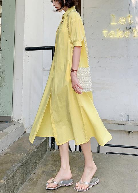 100% Yellow Lapel Collar Cotton Quilting Dresses Lapel Collar Loose Dress