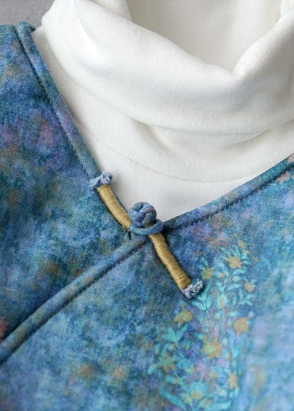 Blue Button V Neck Print Fine Cotton Filled Coats Winter
