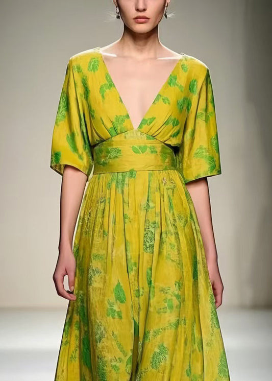 Grass Green V Neck Print Cotton Vacation Dresses Summer