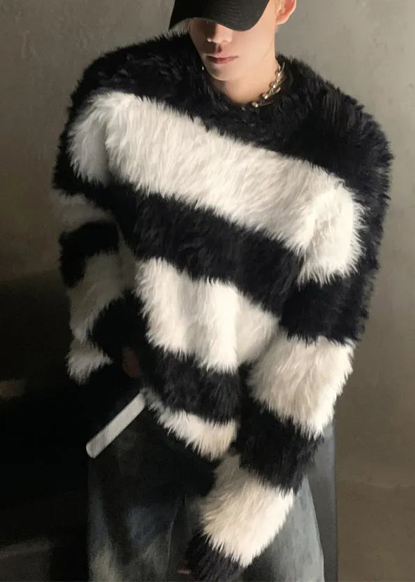 Stylish Pink Striped Patchwork Mink Velvet Sweaters Winter