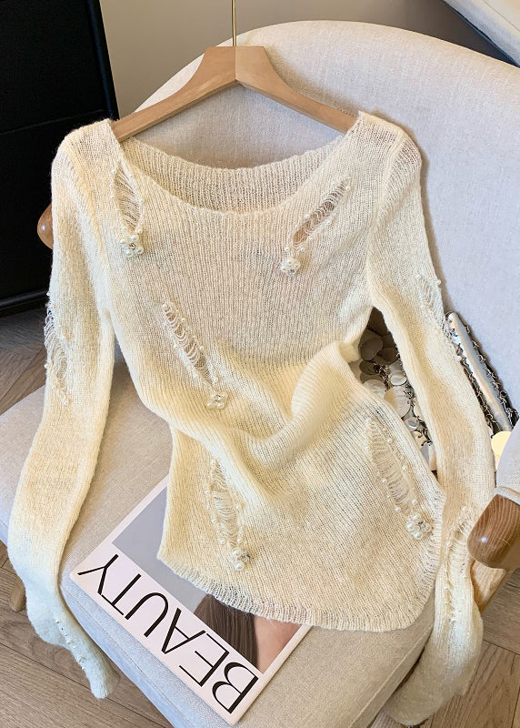 White Nail Bead Knit Ripped Sweater Spring
