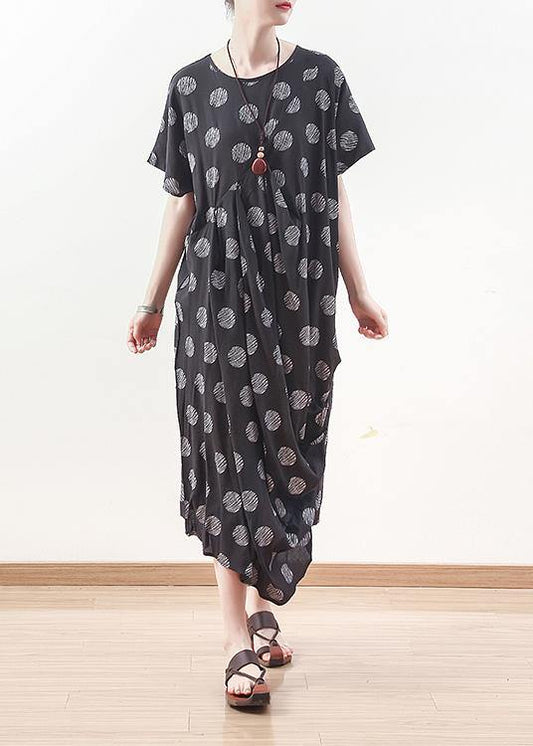 French Black Prints Linen Dress Sewing Draping Long Summer Dresses