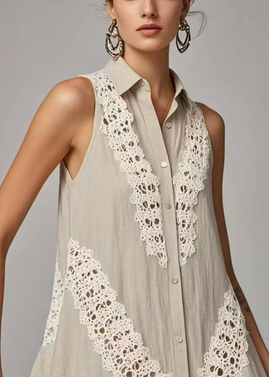 Grey Peter Pan Collar Patchwork Lacen Day Dress Sleeveless