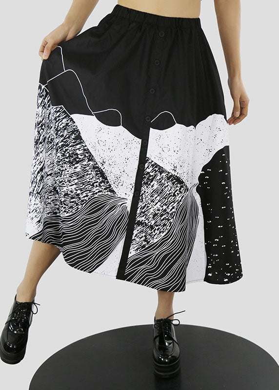 Black Button Elastic Waist Print a Line Skirts Spring