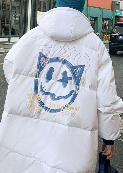 White Hooded Striped Print Duck Down Down Coat Winter