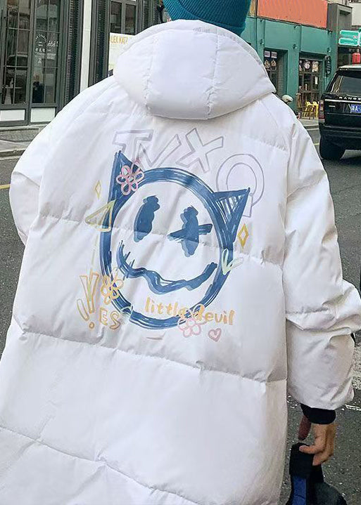 White Hooded Striped Print Duck Down Down Coat Winter