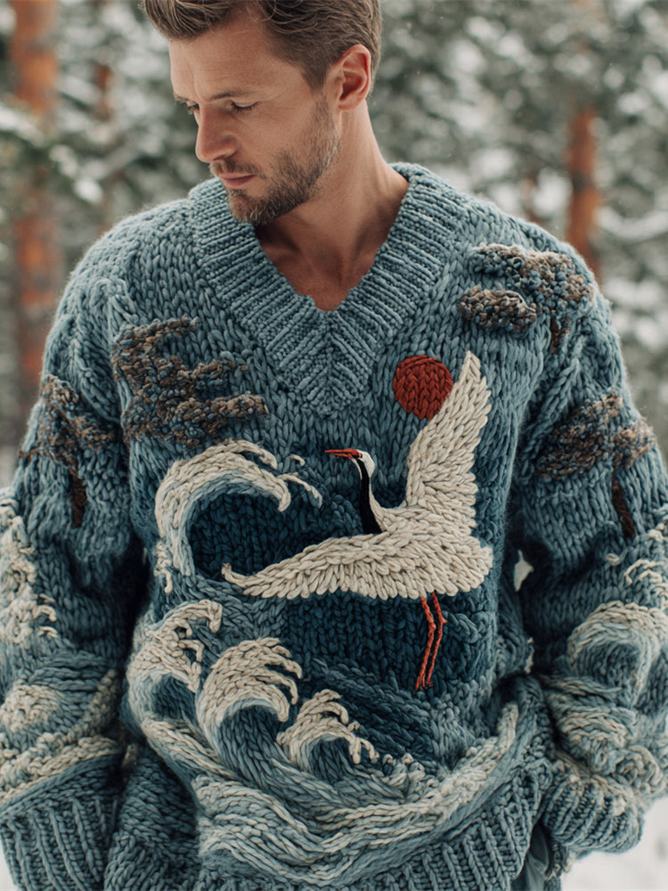 Vintage Japanese Crane & Ocean Art Men's Chunky Knit V-neck Sweater artswardrobe