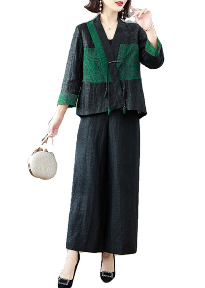 Boutique Black Tops and Wide Leg Pants Silk Two Piece Suit Set Spring