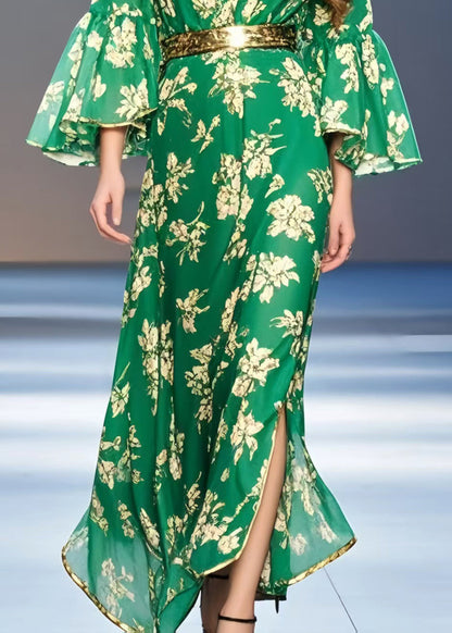 Green Print Chiffon Tunic Dress Flare Sleeve